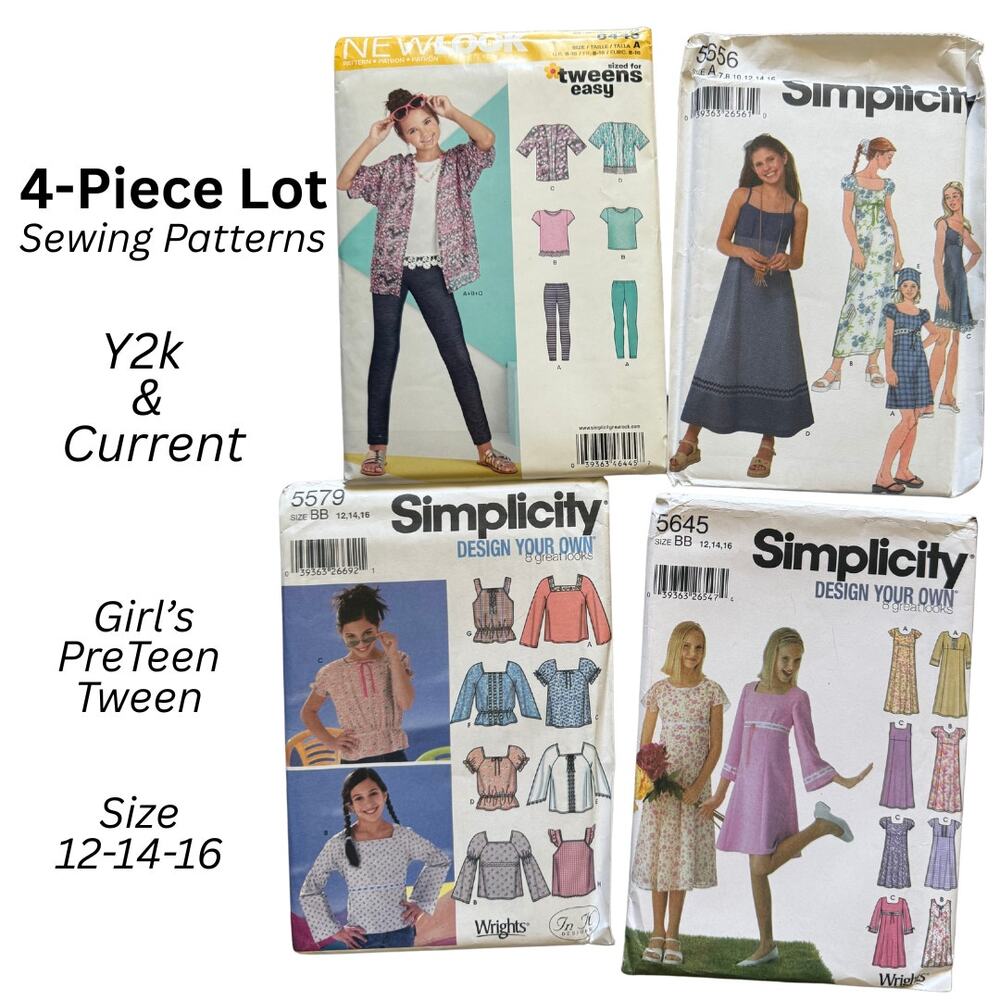 4 PIECE Sewing Pattern Lot Y2K Current Girls PreTeen Size 12, 14, 16 Simplicity